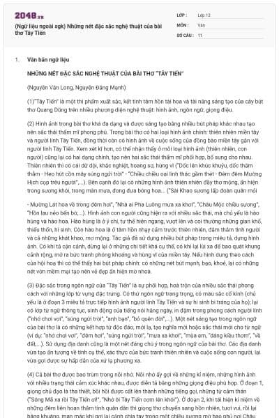 (Ngữ liệu ngoài sgk) Những nét đặc sắc nghệ thuật của bài thơ Tây Tiến