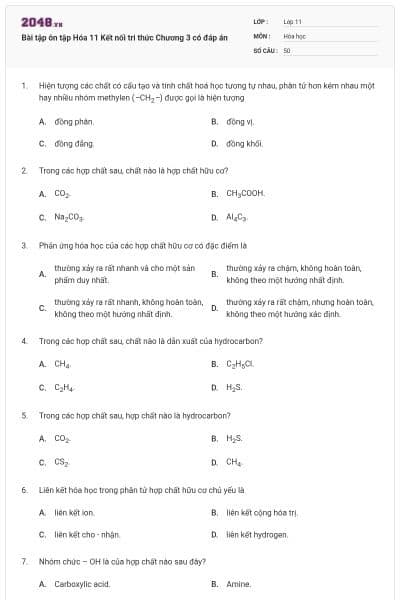 Bài tập ôn tập Hóa 11 Kết nối tri thức Chương 3 có đáp án
