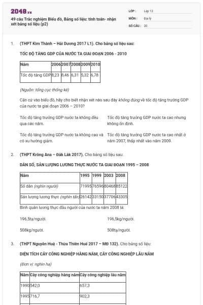 49 câu Trắc nghiệm Biểu đồ, Bảng số liệu: tính toán- nhận xét bảng số liệu (p2)