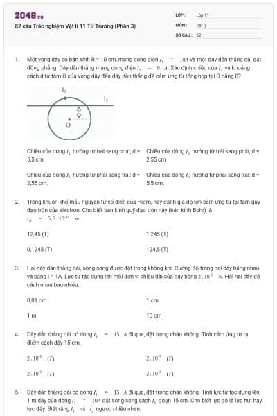 82 câu Trắc nghiệm Vật lí 11 Từ Trường (Phần 3)