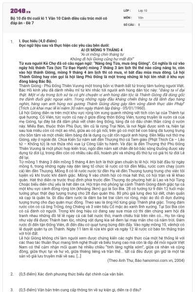 Bộ 10 đề thi cuối kì 1 Văn 10 Cánh diều cấu trúc mới có đáp án - Đề 7