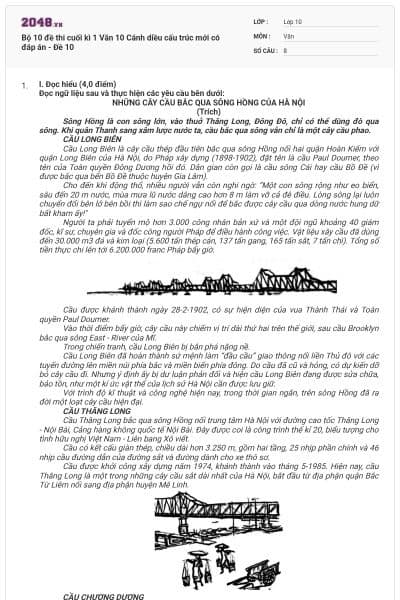 Bộ 10 đề thi cuối kì 1 Văn 10 Cánh diều cấu trúc mới có đáp án - Đề 10