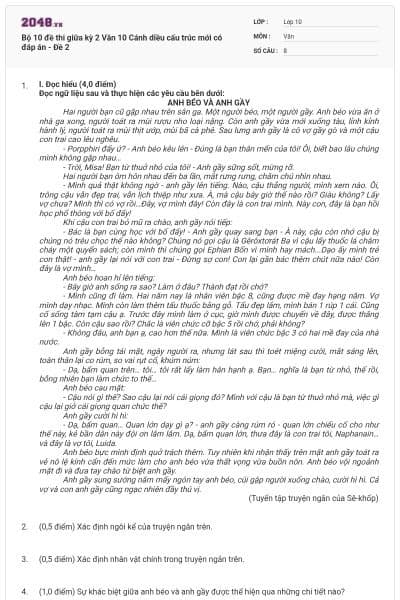 Bộ 10 đề thi giữa kỳ 2 Văn 10 Cánh diều cấu trúc mới có đáp án - Đề 2