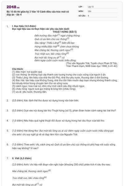 Bộ 10 đề thi giữa kỳ 2 Văn 10 Cánh diều cấu trúc mới có đáp án - Đề 4