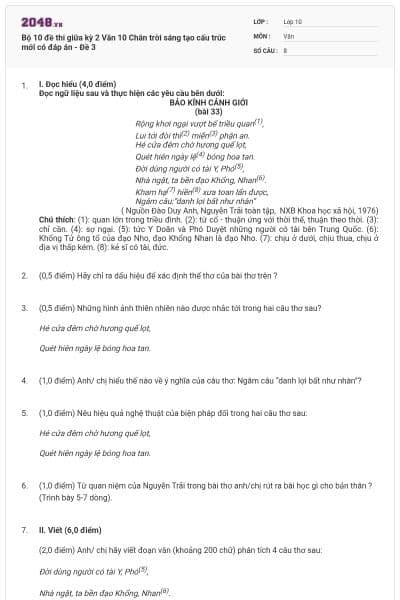 Bộ 10 đề thi giữa kỳ 2 Văn 10 Chân trời sáng tạo cấu trúc mới có đáp án - Đề 3
