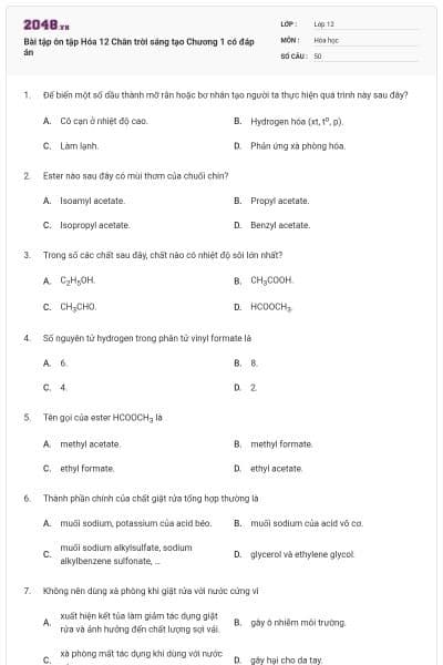 Bài tập ôn tập Hóa 12 Chân trời sáng tạo Chương 1 có đáp án