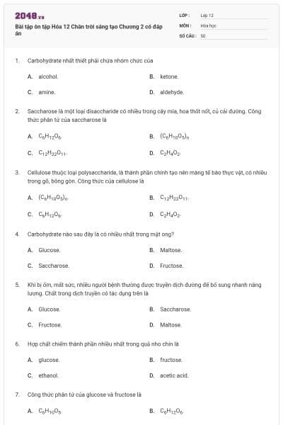 Bài tập ôn tập Hóa 12 Chân trời sáng tạo Chương 2 có đáp án