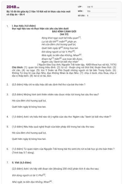 Bộ 10 đề thi giữa kỳ 2 Văn 10 Kết nối tri thức cấu trúc mới có đáp án - Đề 4