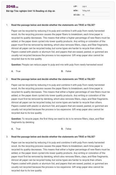 Bài tập Trắc nghiệm Unit 16 Reading có đáp án