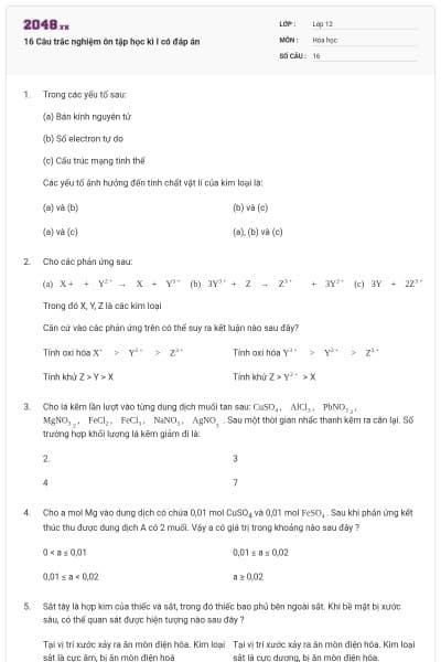 16 Câu trắc nghiệm ôn tập học kì I có đáp án