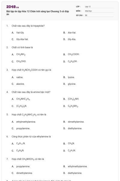 Bài tập ôn tập Hóa 12 Chân trời sáng tạo Chương 3 có đáp án