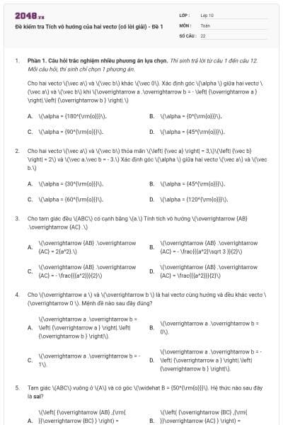 Đề kiểm tra Tích vô hướng của hai vectơ (có lời giải) - Đề 1