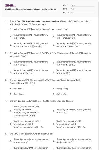 Đề kiểm tra Tích vô hướng của hai vectơ (có lời giải) - Đề 2