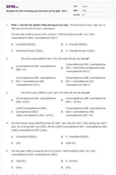 Đề kiểm tra Tích vô hướng của hai vectơ (có lời giải) - Đề 3