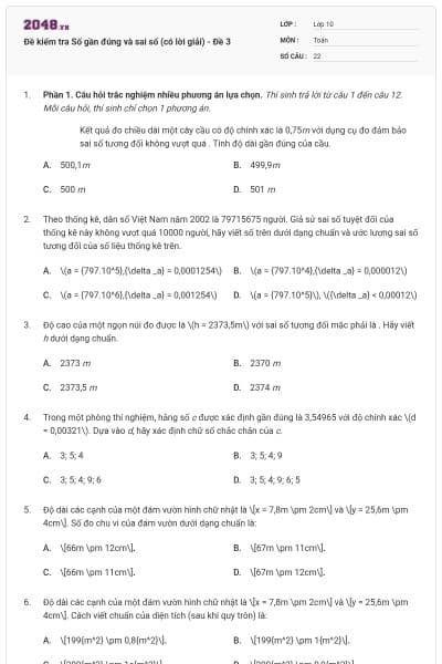 Đề kiểm tra Số gần đúng và sai số (có lời giải) - Đề 3