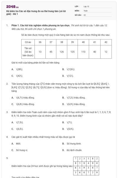 Đề kiểm tra Các số đặc trưng đo xu thế trung tâm (có lời giải) - Đề 1