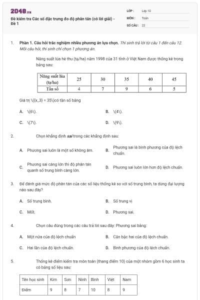 Đề kiểm tra Các số đặc trưng đo độ phân tán (có lời giải) - Đề 1