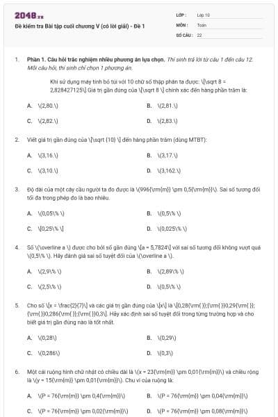 Đề kiểm tra Bài tập cuối chương V (có lời giải) - Đề 1