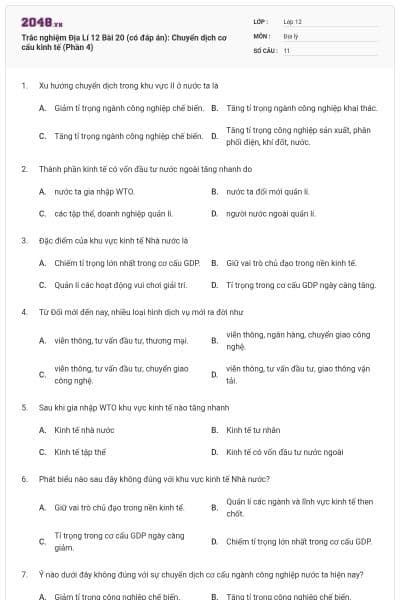 Trắc nghiệm Địa Lí 12 Bài 20 (có đáp án): Chuyển dịch cơ cấu kinh tế (Phần 4)