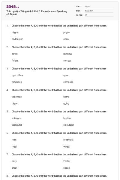 Trắc nghiệm Tiếng Anh 6 Unit 1 Phonetics and Speaking có đáp án