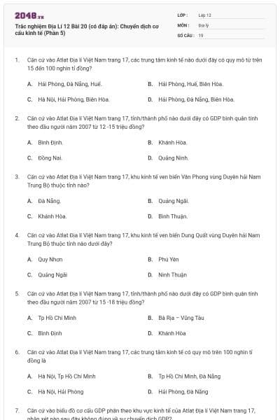 Trắc nghiệm Địa Lí 12 Bài 20 (có đáp án): Chuyển dịch cơ cấu kinh tế (Phần 5)