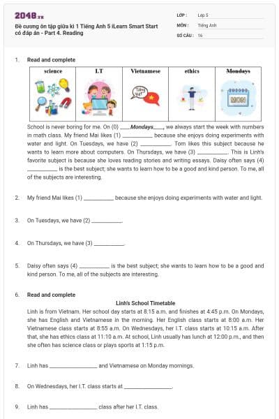 Đề cương ôn tập giữa kì 1 Tiếng Anh 5 iLearn Smart Start có đáp án - Part 4. Reading