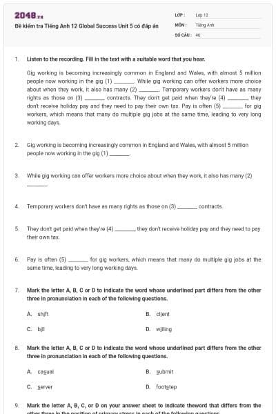 Đề kiểm tra Tiếng Anh 12 Global Success Unit 5 có đáp án