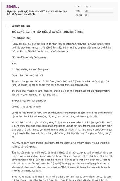 (Ngữ liệu ngoài sgk) Phân tích bài Trở lại với bài thơ Đây thôn Vĩ Dạ của Hàn Mặc Tử