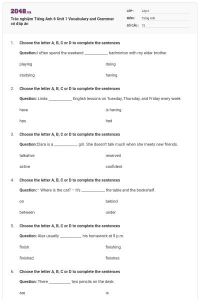 Trắc nghiệm Tiếng Anh 6 Unit 1 Vocabulary and Grammar có đáp án