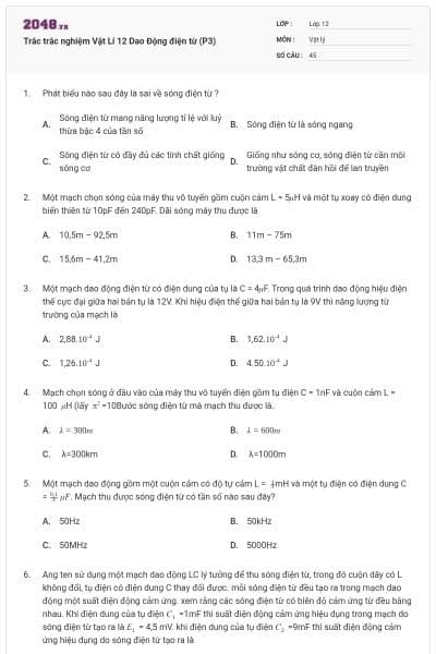Trắc trắc nghiệm Vật Lí 12 Dao Động điện từ (P3)