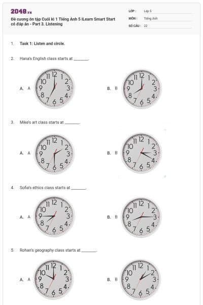 Đề cương ôn tập Cuối kì 1 Tiếng Anh 5 iLearn Smart Start có đáp án - Part 3. Listening