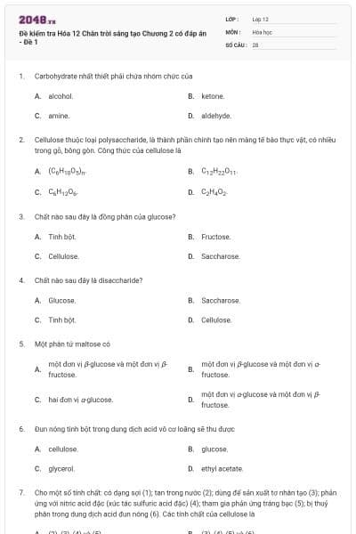 Đề kiểm tra Hóa 12 Chân trời sáng tạo Chương 2 có đáp án - Đề 1
