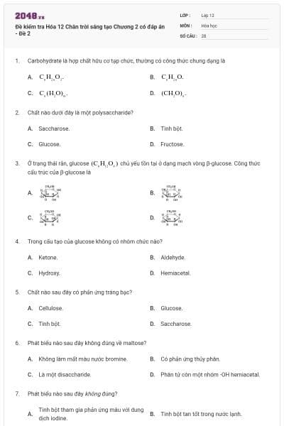 Đề kiểm tra Hóa 12 Chân trời sáng tạo Chương 2 có đáp án - Đề 2