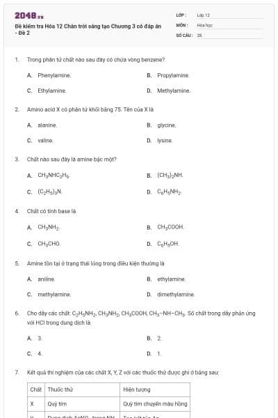 Đề kiểm tra Hóa 12 Chân trời sáng tạo Chương 3 có đáp án - Đề 2