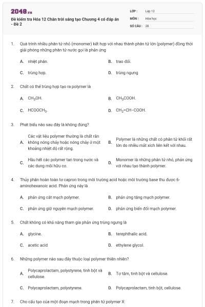 Đề kiểm tra Hóa 12 Chân trời sáng tạo Chương 4 có đáp án - Đề 2