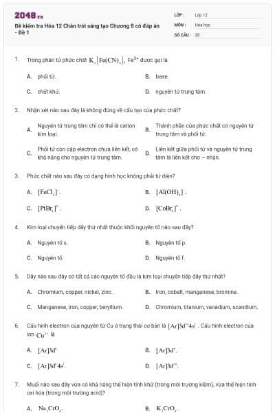 Đề kiểm tra Hóa 12 Chân trời sáng tạo Chương 8 có đáp án - Đề 1