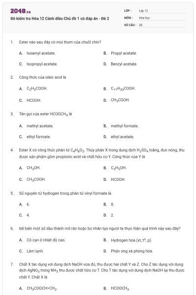 Đề kiểm tra Hóa 12 Cánh diều Chủ đề 1 có đáp án - Đề 2