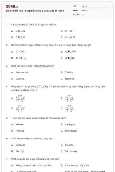 Đề kiểm tra Hóa 12 Cánh diều Chủ đề 2 có đáp án - Đề 1