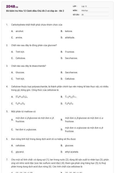 Đề kiểm tra Hóa 12 Cánh diều Chủ đề 2 có đáp án - Đề 2