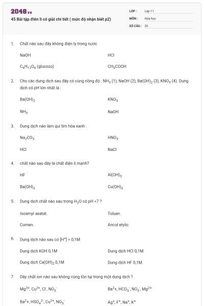 45 Bài tập điên li có giải chi tiết ( mức độ nhận biết p2)