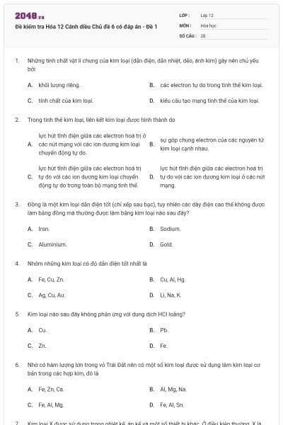 Đề kiểm tra Hóa 12 Cánh diều Chủ đề 6 có đáp án - Đề 1