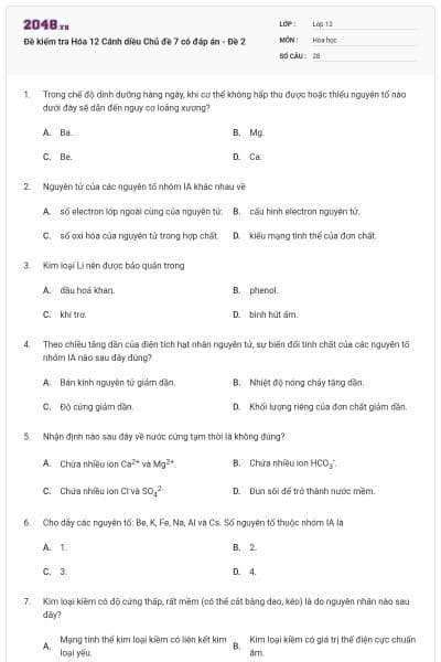 Đề kiểm tra Hóa 12 Cánh diều Chủ đề 7 có đáp án - Đề 2