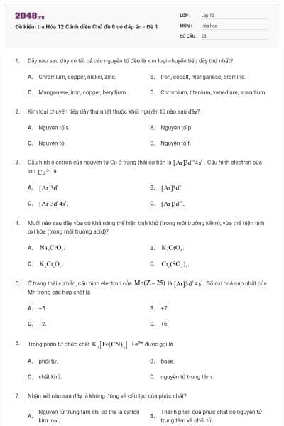Đề kiểm tra Hóa 12 Cánh diều Chủ đề 8 có đáp án - Đề 1