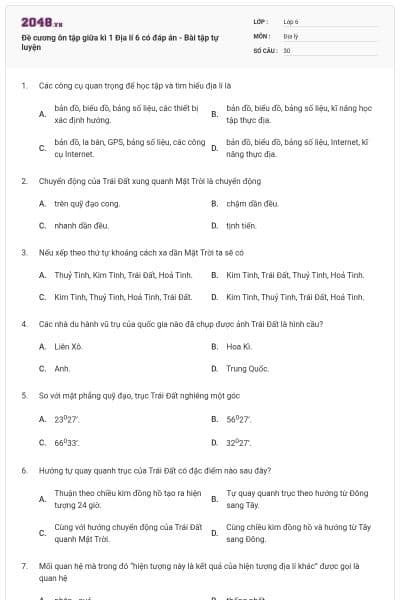 Đề cương ôn tập giữa kì 1 Địa lí 6 có đáp án - Bài tập tự luyện