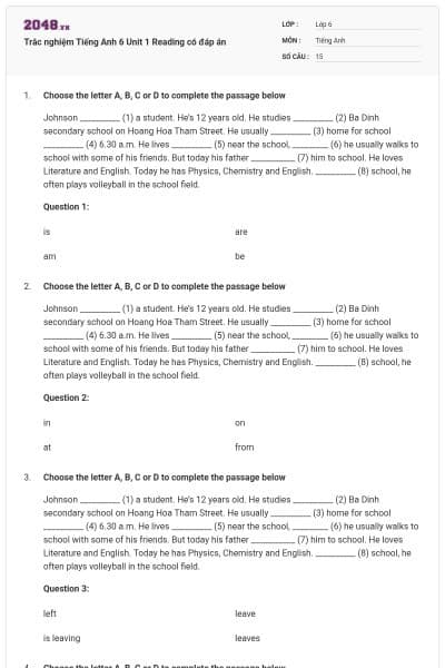 Trắc nghiệm Tiếng Anh 6 Unit 1 Reading có đáp án