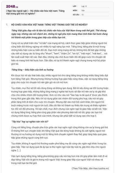 ( Ngữ liệu ngoài sgk ) - Hộ chiếu văn hóa việt nam: Tiếng việt trong giới trẻ có nghèo?