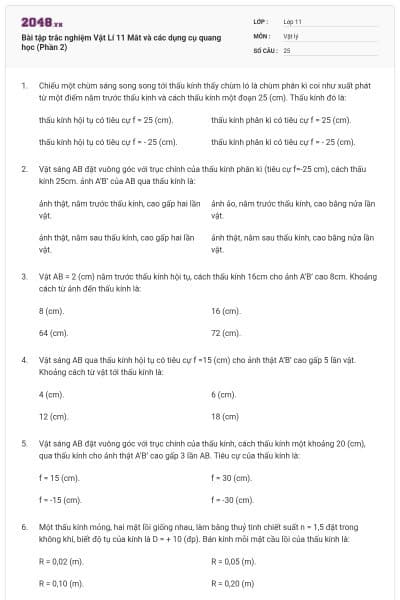 Bài tập trắc nghiệm Vật Lí 11 Mắt và các dụng cụ quang học (Phần 2)