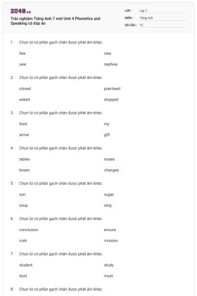 Trắc nghiệm Tiếng Anh 7 mới Unit 4 Phonetics and Speaking có đáp án
