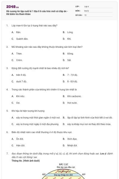 Đề cương ôn tập cuối kì 1 Địa lí 6 cấu trúc mới có đáp án - Đề kiểm tra tham khảo
