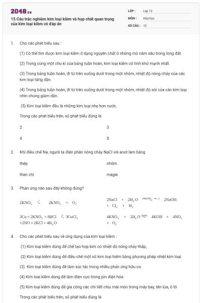 15 Câu trắc nghiệm kim loại kiềm và hợp chất quan trọng của kim loại kiềm có đáp án